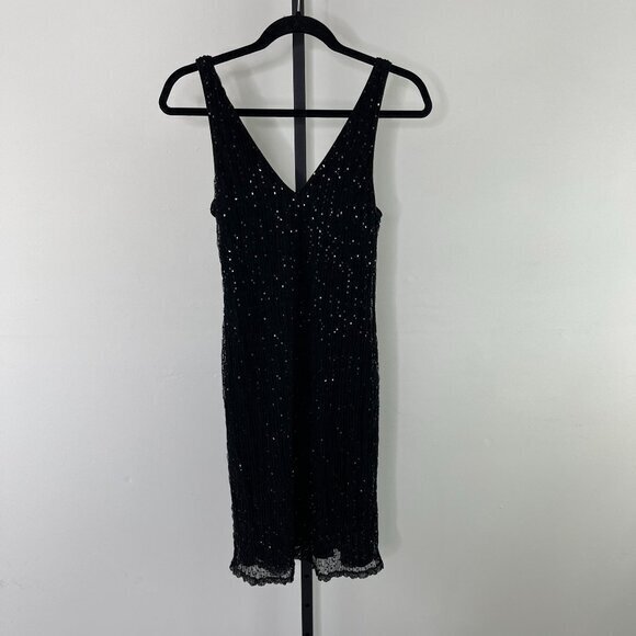 Ralph Ralph Lauren Vintage Black V Neck Sleeveless Sequined Sheath Dress Size M - Picture 1 of 9